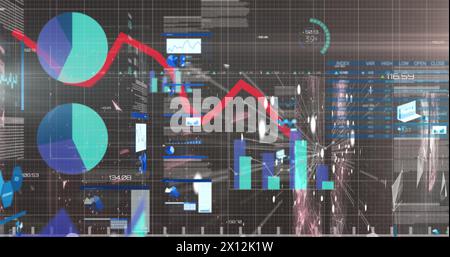 Image of multiple graphs with connected dots over infographic interface on grid pattern Stock Photo
