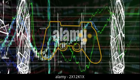 Image of game controller over multiple graphs and connected dots forming geometric shapes Stock Photo