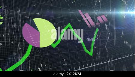 Image of multicolored infographic interface moving over grid pattern Stock Photo