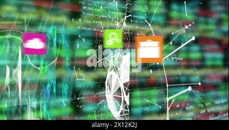 Image of icons, connected dots forming geometric shapes and globe over trading board Stock Photo