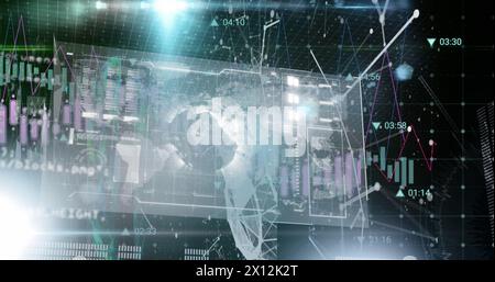 Image of globe, graphs, loading bars and database with connected dots, numbers and lens flare Stock Photo