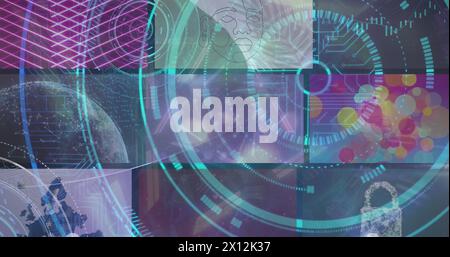 Image of neon round scanner over multiple screens with data processing against neon tunnel Stock Photo