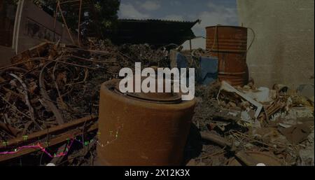 Image of data processing over rubbish dump Stock Photo