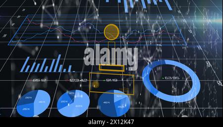 Image of yellow game controller, connected dots moving over multiple graphs on grid pattern Stock Photo