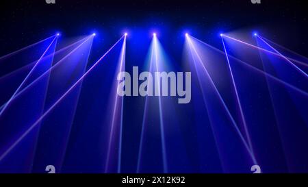 Laser light show. Bright led laser beams, dj light party. Illuminated blue stage, led strobe lights. Background, backdrop for displaying products Stock Vector
