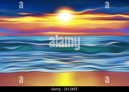 Summer tropical beach, sunset colorful paradise landscape. Sea, ocean, waves, sky, sunset. Tropics. Concept for travel, family vacation. Tropic beach Stock Vector