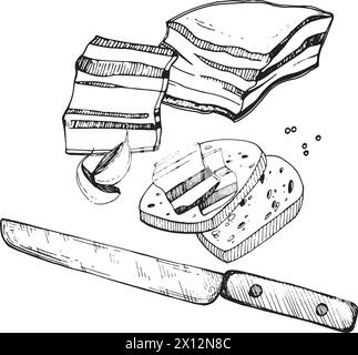 Illustration. Vector composition. Lard, a piece of lard with bread, cloves of garlic, peppercorns, a meat knife. All objects are drawn in vector Stock Vector