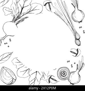 Illustration. Round frame with bleed. Vegetables, beets, onions, green onions, garlic, peppercorns, vegetable slices. All objects are drawn in vector Stock Vector