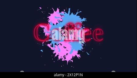Image of neon red coffee text banner over colorful paint stains against black background Stock Photo