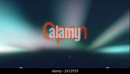 Image of neon orange open text banner against glowing light spot against blue background Stock Photo