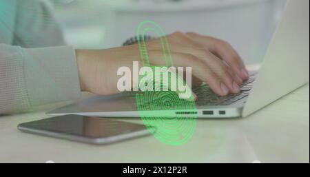Image of biometric padlock, data processing over man using laptop Stock Photo