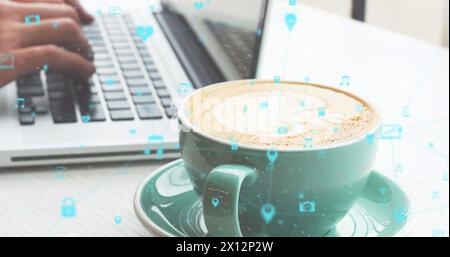 Image of data processing and networks over man using laptop Stock Photo
