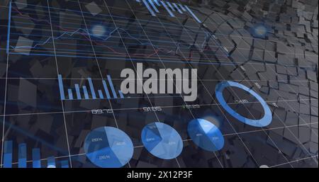 Image of financial data processing over squares on black background Stock Photo