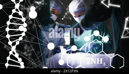 Image of dna strand and chemical formula over diverse doctors at hospital Stock Photo