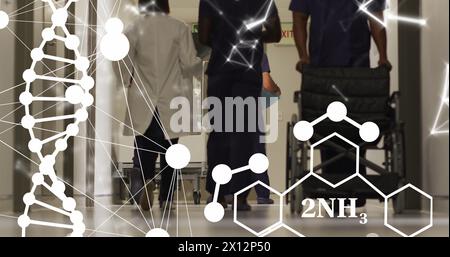 Image of dna strand and chemical formula over diverse doctors at hospital Stock Photo