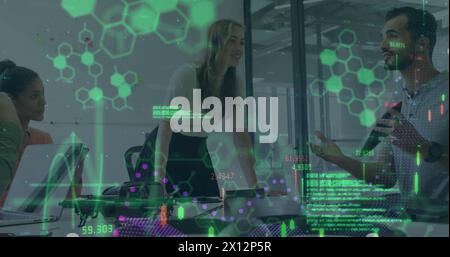 Image of hexagon patterns, graphs, map, computer language, diverse coworkers discussing reports Stock Photo
