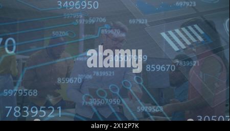 Image of data processing over diverse business people having meeting at office Stock Photo