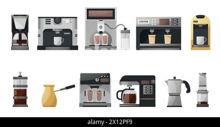Espresso coffee machines. Vintage automatic and manual coffee makers, french press, moka, turkish cezve, grinder and kettle. Vector isolated set Stock Vector
