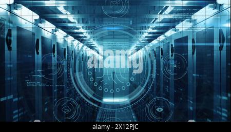 Image of data protection text, fingerprint in circles, icons, computer language on server room Stock Photo