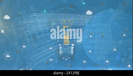 Image of icons over 3d light bulb over binary codes on globe against abstract background Stock Photo