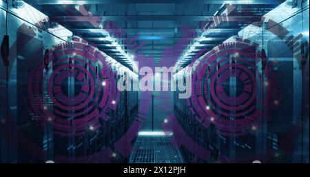 Image of loading scopes over computer language against bar on server room Stock Photo