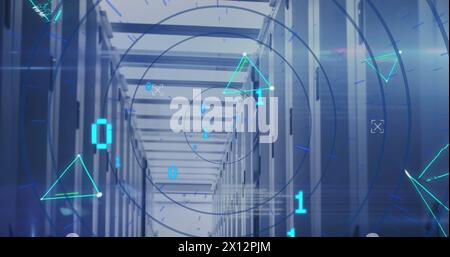 Image of binary codes over circles and connected dots forming shape against server room Stock Photo