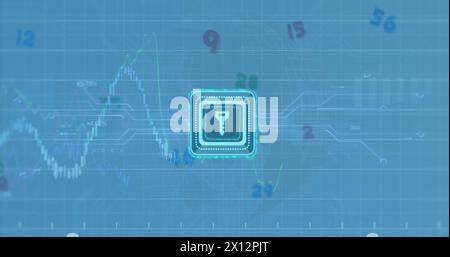Image of key in squares, multiple graphs with changing numbers, circuit board pattern on numbers Stock Photo