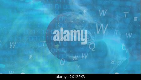 Image of letters, numbers over binary codes against globalization on abstract background Stock Photo