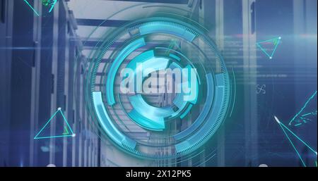 Image of loading circles over connected dots forming shapes against server room Stock Photo