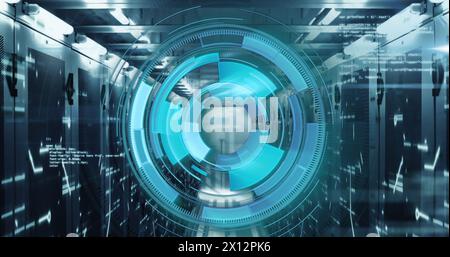 Image of loading circles over computer language against lines and bars on server room Stock Photo