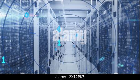 Image of loading circles over binary codes moving between server racks at data center Stock Photo
