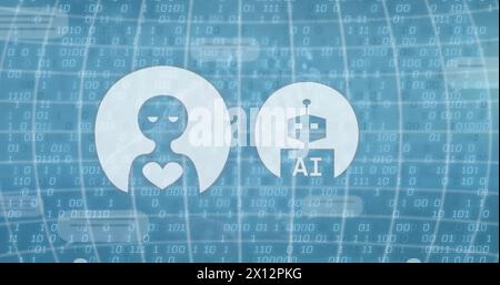 Image of ai text in robot, heart in alien over globe against binary codes on abstract background Stock Photo