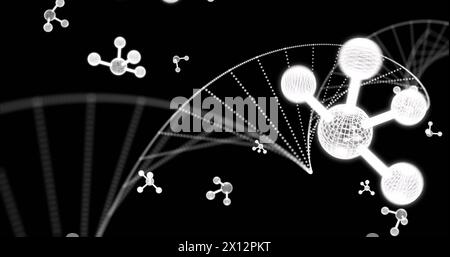 Image of molecules over dna strand on black background Stock Photo