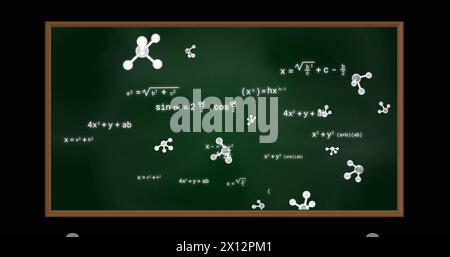 Image of molecules and mathematical equations over board on black background Stock Photo