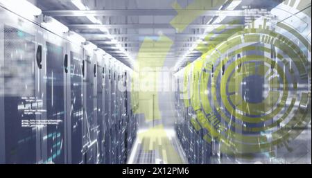Image of loading scopes over computer language against lines and bars on server room Stock Photo