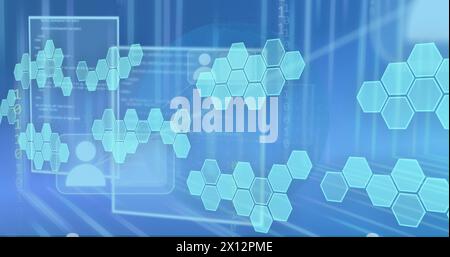 Image of profile icons over hexagons pattern, binary codes against blue background Stock Photo