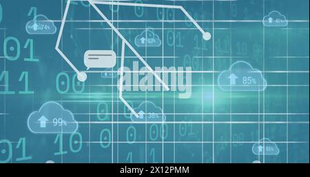 Image of arrow, countdown from 0 to 100 in clouds against binary codes on abstract background Stock Photo