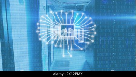Image of binary codes over ai text in chip against server room in background Stock Photo
