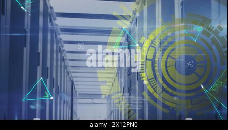 Image of loading circles over connected dots forming shapes against server room Stock Photo