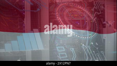 Image of graph, loading circles and circuit board pattern over indonesian flag over data systems Stock Photo