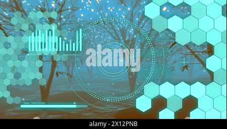 Circular scanner and data processing over lights and tree lined path at night Stock Photo