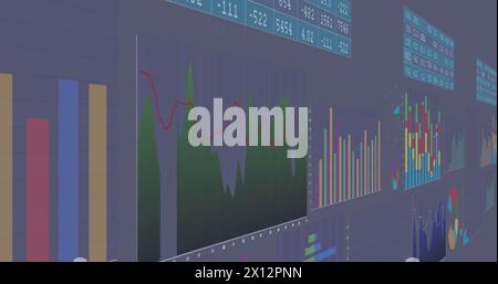 Image of interface with statistical data processing against grey background Stock Photo