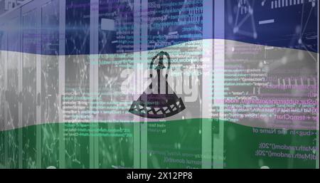 Image of flag of lesotho over computer language against connected dots on server room Stock Photo