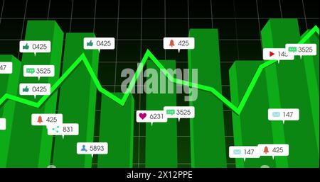 Image of notification bars and multiple graphs with grid pattern over black background Stock Photo