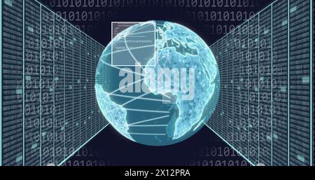 Image of globe, binary codes and computer language and data server racks over black background Stock Photo