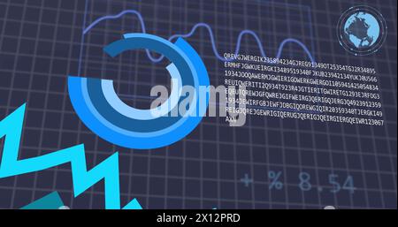 Image of graphs, loading circles, changing numbers, letters, globe over black background Stock Photo