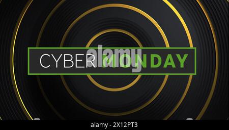 Cyber monday text in white and green over concentric gold rings on black background Stock Photo