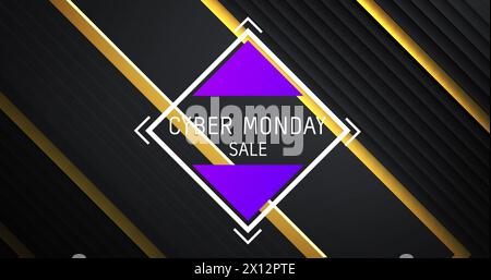 Cyber monday text in white with purple triangles over diagonal gold stripes on black background Stock Photo