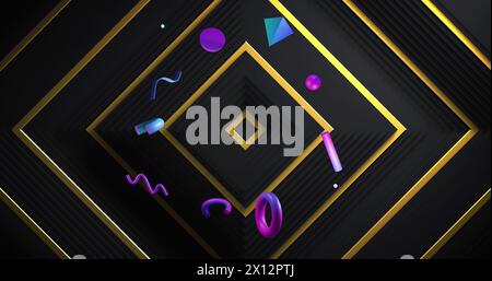 Blue and purple 3d shapes rotating over gold square outlines on black background Stock Photo