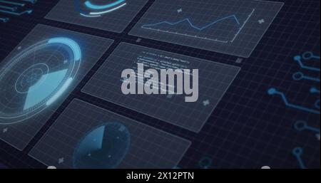 Image of radars, graphs, loading circles, circuit board pattern and computer language Stock Photo
